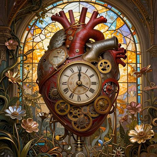 Steampunk heart clock with gears, clock face, and red pipes, surrounded by flowers, set against a colorful stained glass window. Digital art.