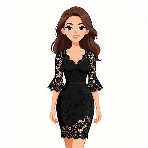 Romantic Woman in Black Lace Dress