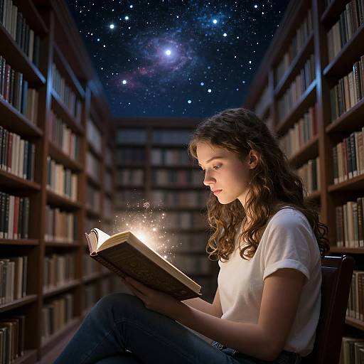Young woman with curly brown hair, wearing a white t-shirt, reads a glowing book in a starry library aisle.