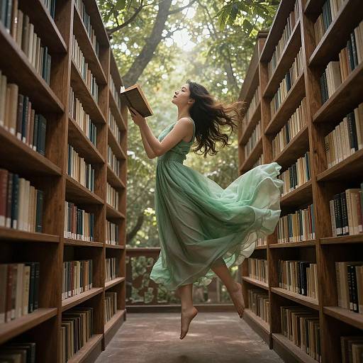Photograph of a barefoot woman in a flowing green dress, jumping between tall wooden bookshelves in a sunlit, tree-filled library.