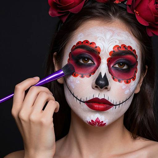 Photograph of a woman with white face paint, red floral eye designs, black nose, and red lips, holding a purple makeup brush, wearing red
