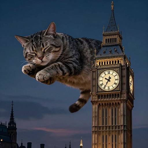 Digital artwork of a sleeping, gray tabby cat mid-leap in front of the illuminated Big Ben clock tower at twilight.
