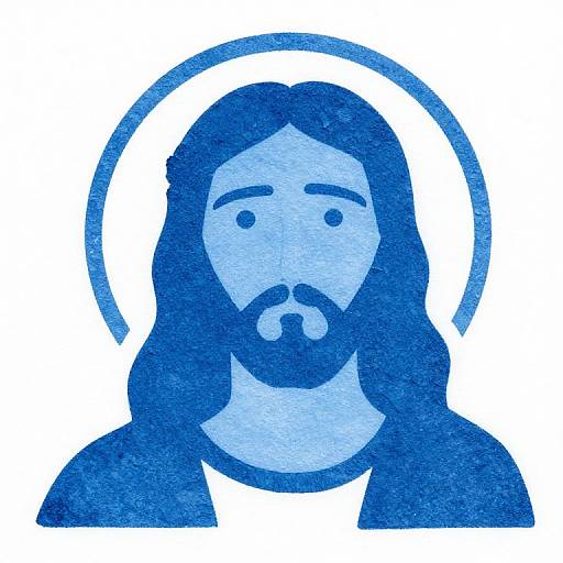 Digital drawing in blue monochrome of a bearded Jesus with long hair, circular halo, and simple facial features. Minimalist style.