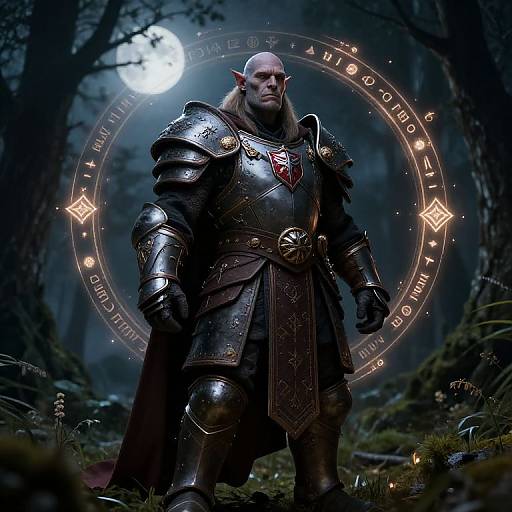 Digital art of a muscular, bald, elf warrior in dark, ornate armor with a glowing magical circle background in a moonlit forest.