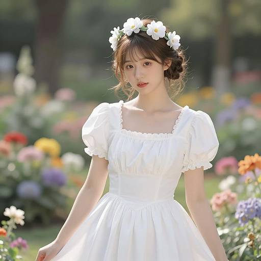 Young Woman in White Dress with Flower Headband in Garden