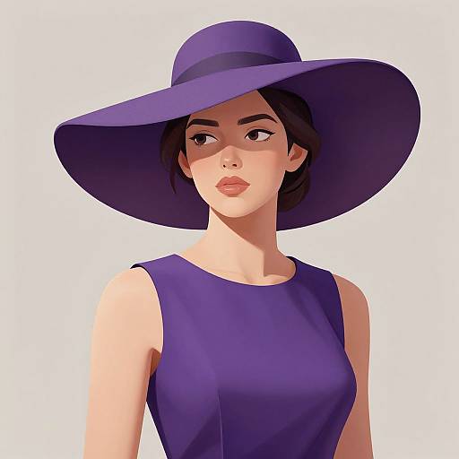 Digital illustration of a fair-skinned woman with short black hair, wearing a large purple sunhat and matching sleeveless dress, looking forward against a white