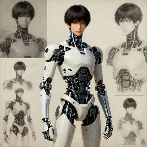 CGI image of a sleek, humanoid robot with black and white cybernetic features, short black hair, and exposed mechanical joints, surrounded by grayscale