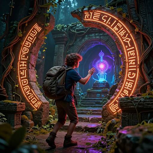 Photorealistic CGI: Curly-haired boy in blue shirt and shorts, gray backpack, touches neon-lit ancient archway with glowing runes, mystical