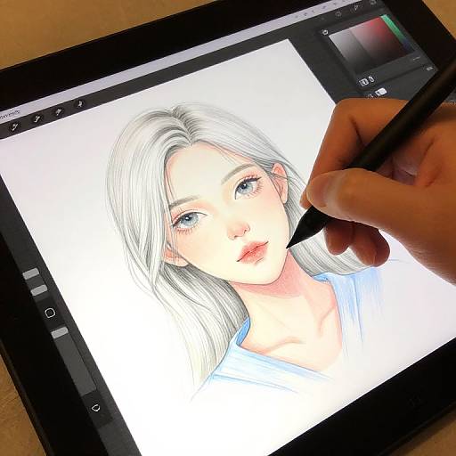 Close-up photograph of a hand using a digital drawing tablet to sketch a white-haired, blue-eyed anime-style woman with light skin and a blue top on