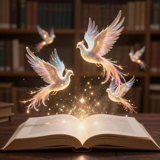 Photograph of an open book on a wooden table, surrounded by glowing, ethereal, rainbow-feathered birds with sparkling light emanating from the