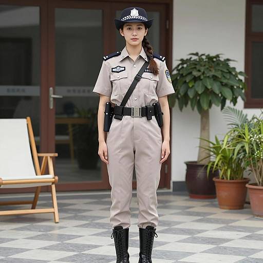 Young Female Police Officer in Uniform Standing Outdoors