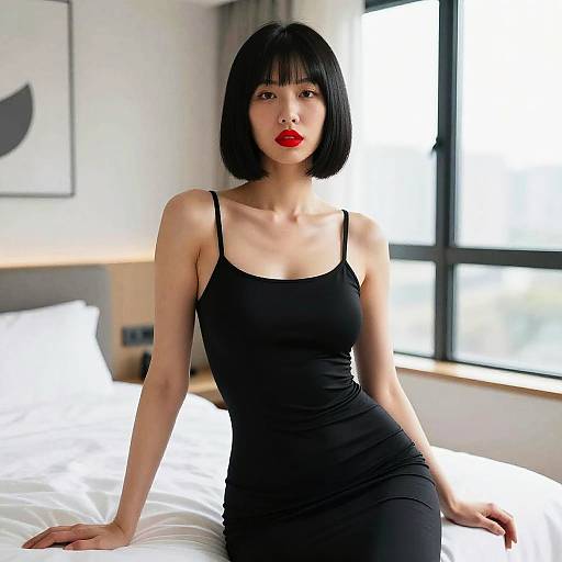 Asian Woman in Black Dress Sitting on Bed