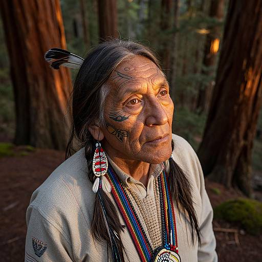 Photograph of an elderly Native American man with tattooed face, long black hair, feathered headpiece, colorful bead necklace, white shirt, in