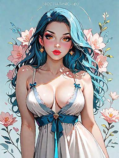 Anime Style Woman in White Silk Chemise with Floral Background