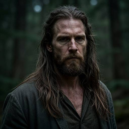Photograph of a rugged, long-haired, bearded man with a serious expression, wearing a dark, textured robe, set against a dark forest background