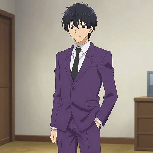 Anime-style digital drawing of a serious-looking young man with black hair, wearing a purple suit, white shirt, and black tie, standing in a simple