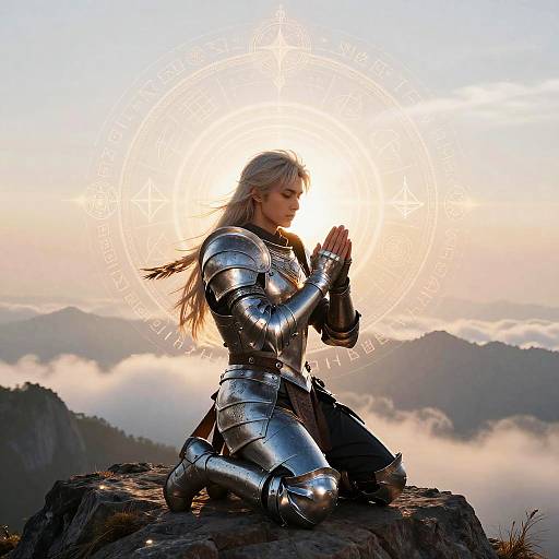 Photograph of a blonde woman in shining silver medieval armor, kneeling on a rocky mountain peak, praying at sunrise with mist-covered mountains in the background.
