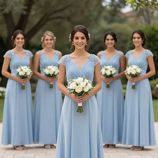 Photograph of a bride in light blue, V-neck gown, holding white bouquet, surrounded by four bridesmaids in matching dresses, smiling outdoors.