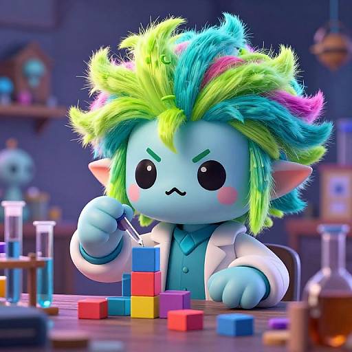 Cute, digital CGI chibi character with multicolored, spiky hair, blue skin, and large black eyes, wearing a white lab coat