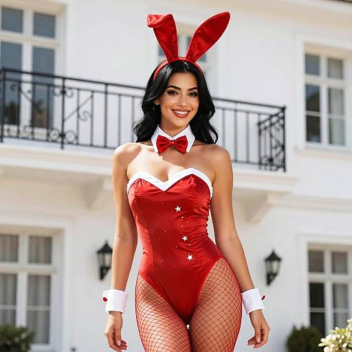 Confident Woman in Red Bunny Costume