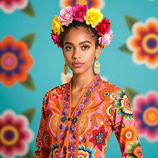 Young Woman with Floral Headpiece and Colorful Dress