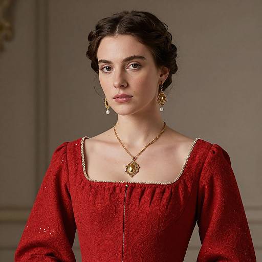 Photograph of a young woman with fair skin and dark hair in braids, wearing a red, textured dress with gold jewelry, including earrings and a