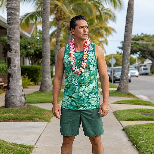 Photograph of a muscular, tan-skinned man with short dark hair, wearing a green Hawaiian shirt, green shorts, and a colorful lei, standing