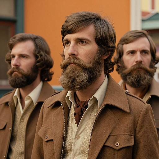 Photograph of three bearded men with brown hair, wearing brown coats and beige shirts, standing outdoors against an orange building.