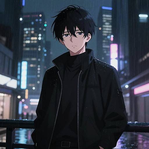 Anime-style digital drawing of a solemn young man with black hair and eyes, wearing a black jacket, standing in a rainy, neon-lit city street