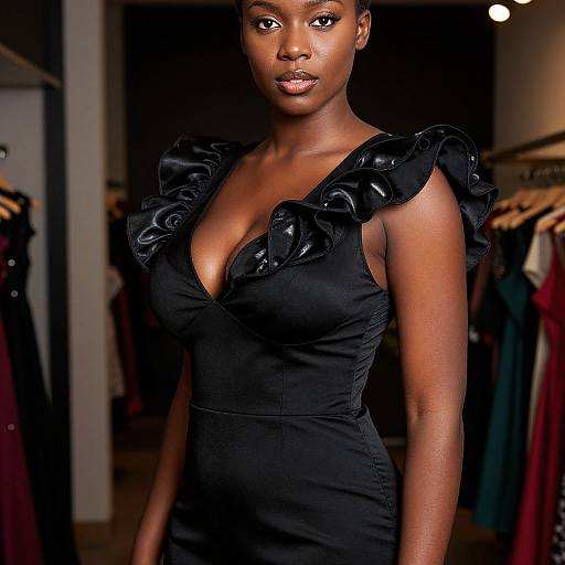 Photograph of a confident, dark-skinned woman with glossy black hair, wearing a black, deep V-neck dress with ruffled shoulders, standing in