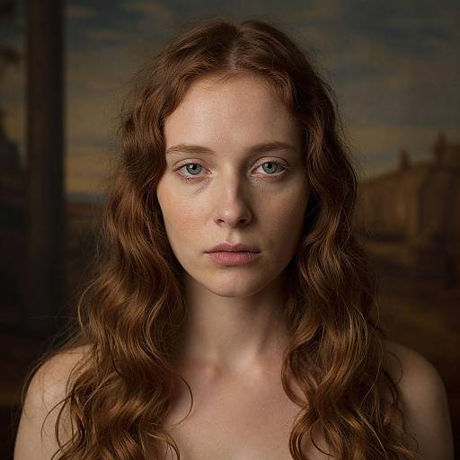 Photograph of a young woman with fair skin, blue eyes, and long wavy brown hair, staring directly into the camera against a dark, blurred