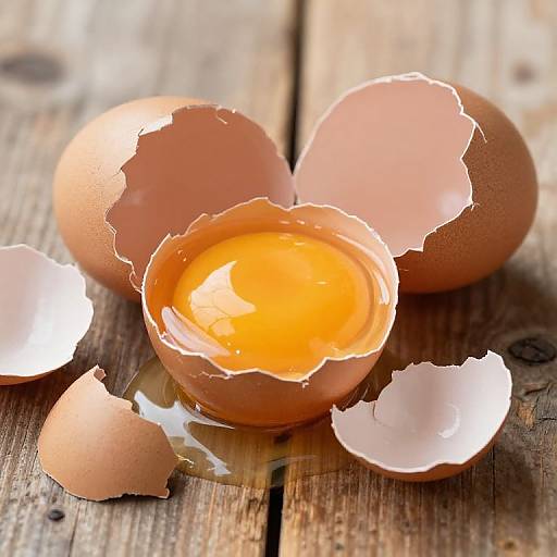 Photograph of three brown broken eggs with one eggshell fully cracked open revealing a bright yellow yolk on rustic wooden surface.