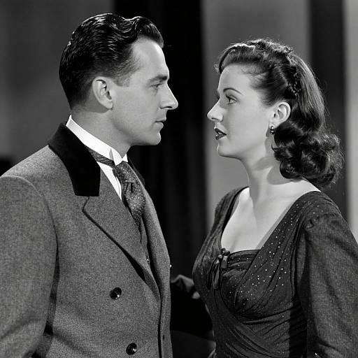 Black-and-white photo of a 1940s-styled couple facing each other, man in double-breasted suit, woman in elegant dress with shoulder