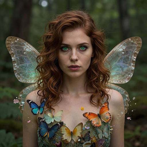 Photograph of a fair-skinned, green-eyed fairy with wavy red hair, transparent wings, and a dress adorned with colorful butterflies, set in