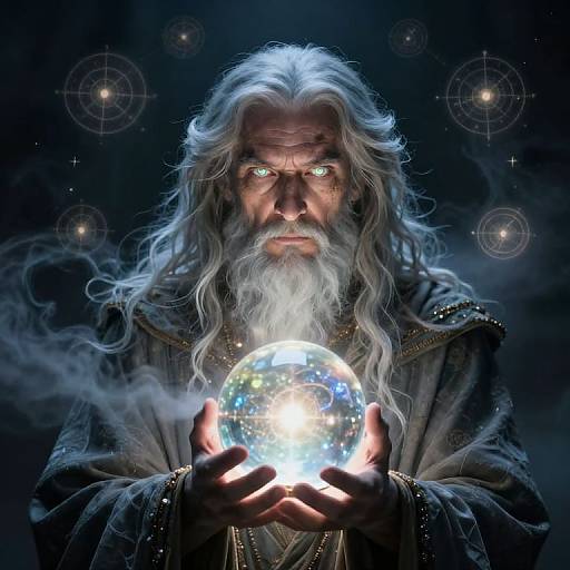 Photorealistic digital art of an ancient, long-haired wizard with glowing green eyes, holding a luminous, cosmic sphere against a dark, starry