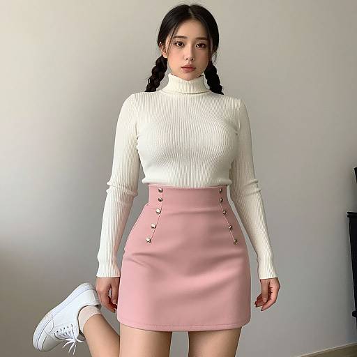 Photograph of an Asian woman with black pigtails, wearing a white ribbed turtleneck and pink high-waisted skirt with button details