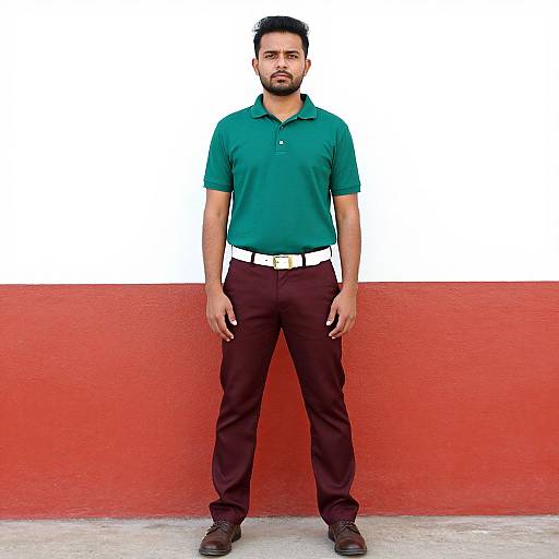 Photograph of a bearded man with short black hair, wearing a green polo shirt, black pants, white belt, and brown shoes, standing against