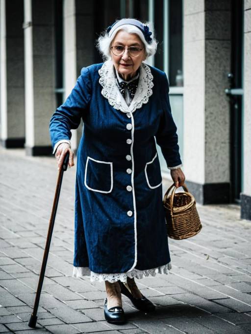 Elderly Woman in Vintage Costume with Cane