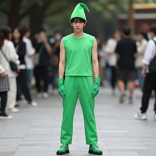Photograph of a young Asian man in a bright green elf costume with matching gloves, hat, and pants, standing in a busy urban street. Background