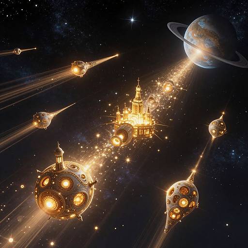Digital art of a glowing, golden space city surrounded by five orbiting, illuminated spacecraft and a planet with rings in a starry cosmos.