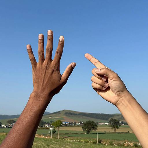 Diverse Hands Against Scenic Landscape