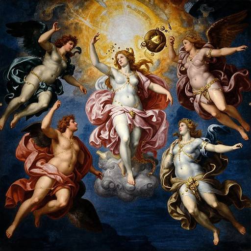 Baroque-style painting of four nude, winged angels with golden jewelry, surrounding a central glowing figure with a radiant halo.
