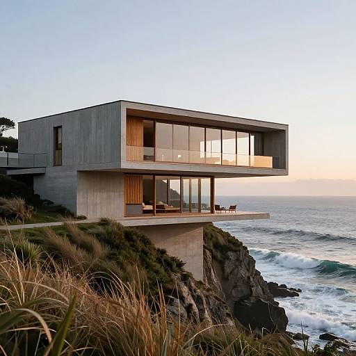 Modern, concrete cliffside house with large glass windows overlooking a sunset ocean view. Grasses in foreground, waves crashing below. Photorealistic image.