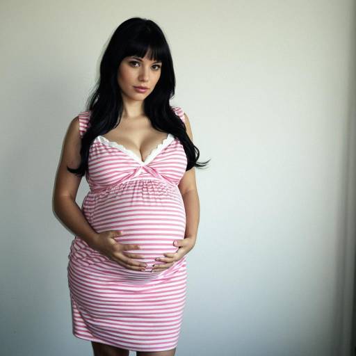 Pregnant Woman in Pink Striped Dress