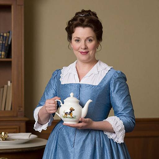 Photograph of a smiling woman in a blue Victorian dress with white lace collar, holding a white teapot with floral design, standing in a wooden-pane