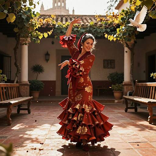 Photograph of a smiling woman in a red, floral, ruffled flamenco dress dancing in a sunlit courtyard with a white dove.