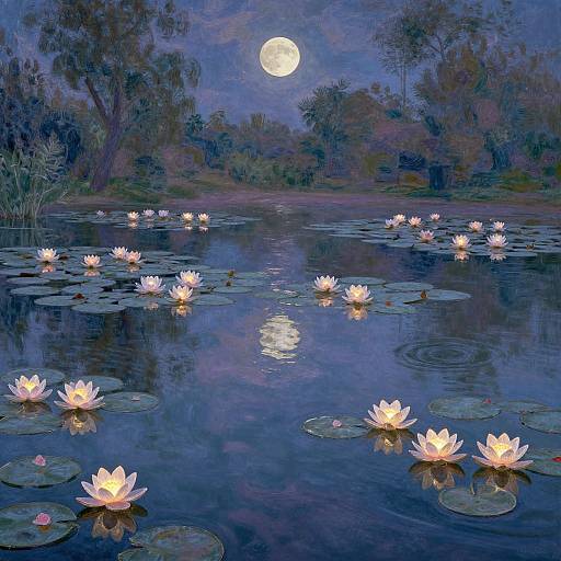 Moonlit night scene of a serene pond with glowing white lotus flowers floating on dark blue water, surrounded by lily pads and silhouetted