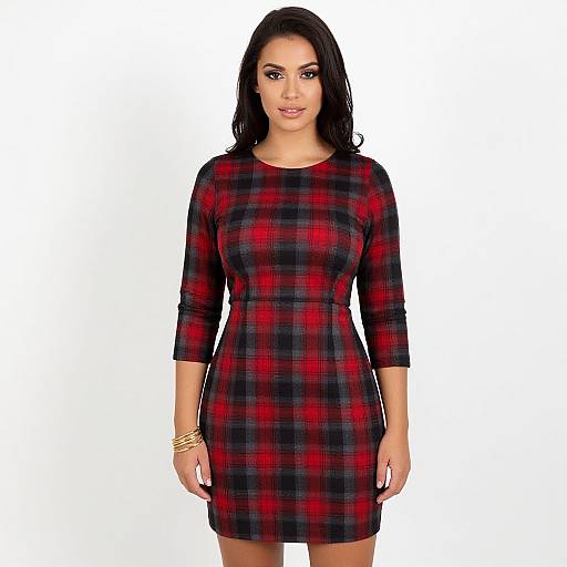 Photograph of a woman with long black hair, wearing a red and black plaid, three-quarter sleeve dress, standing against a white background. She