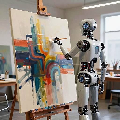 Photograph of a silver robot painting an abstract, colorful painting on an easel in a bright, modern art studio.