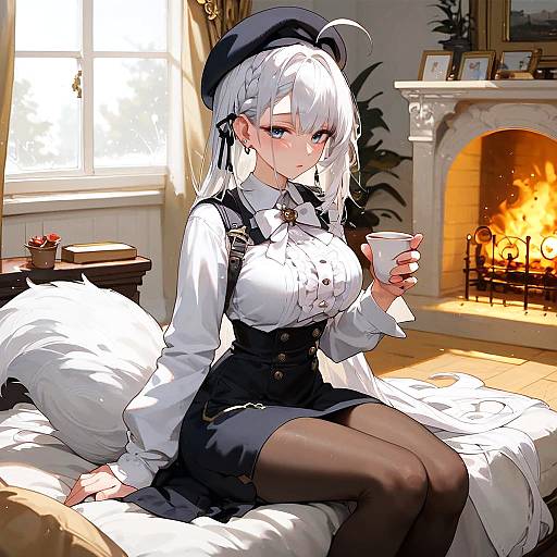 Cozy White-Haired Fox Girl by Fireplace